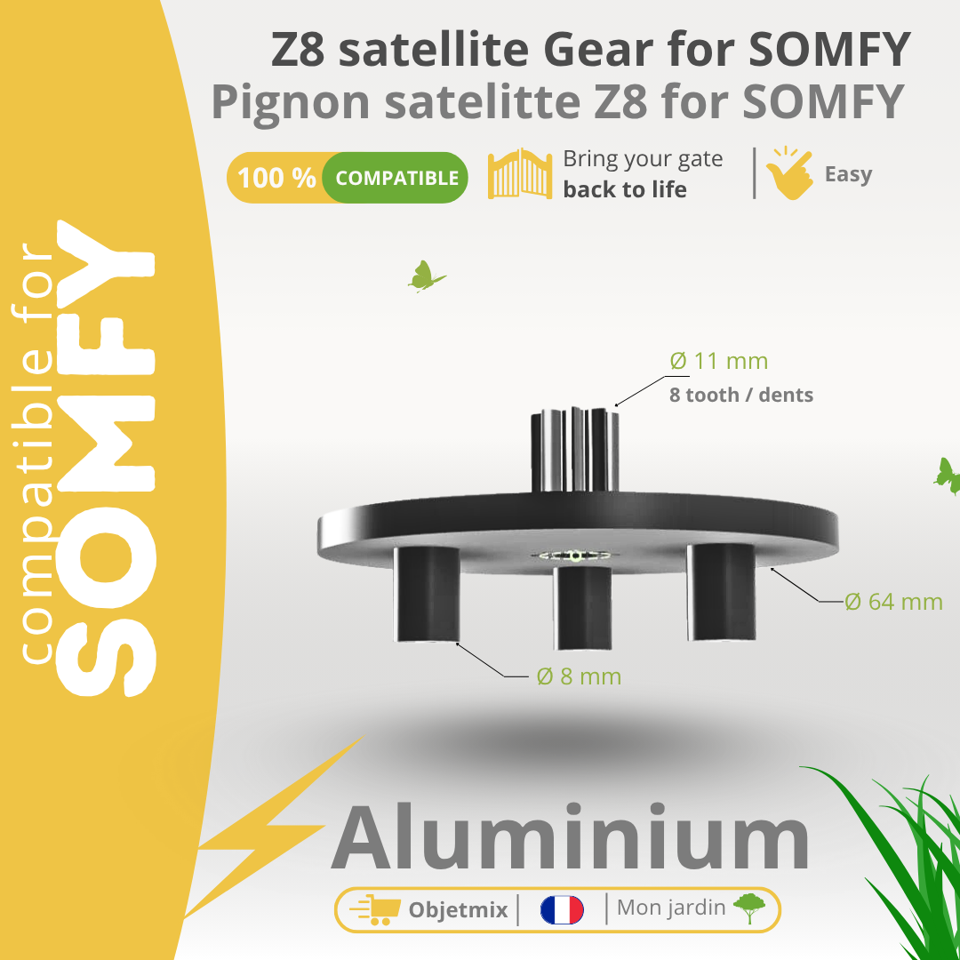Pignon Moteur Portail Somfy - Pignon satellite Z8 - 3 Axes